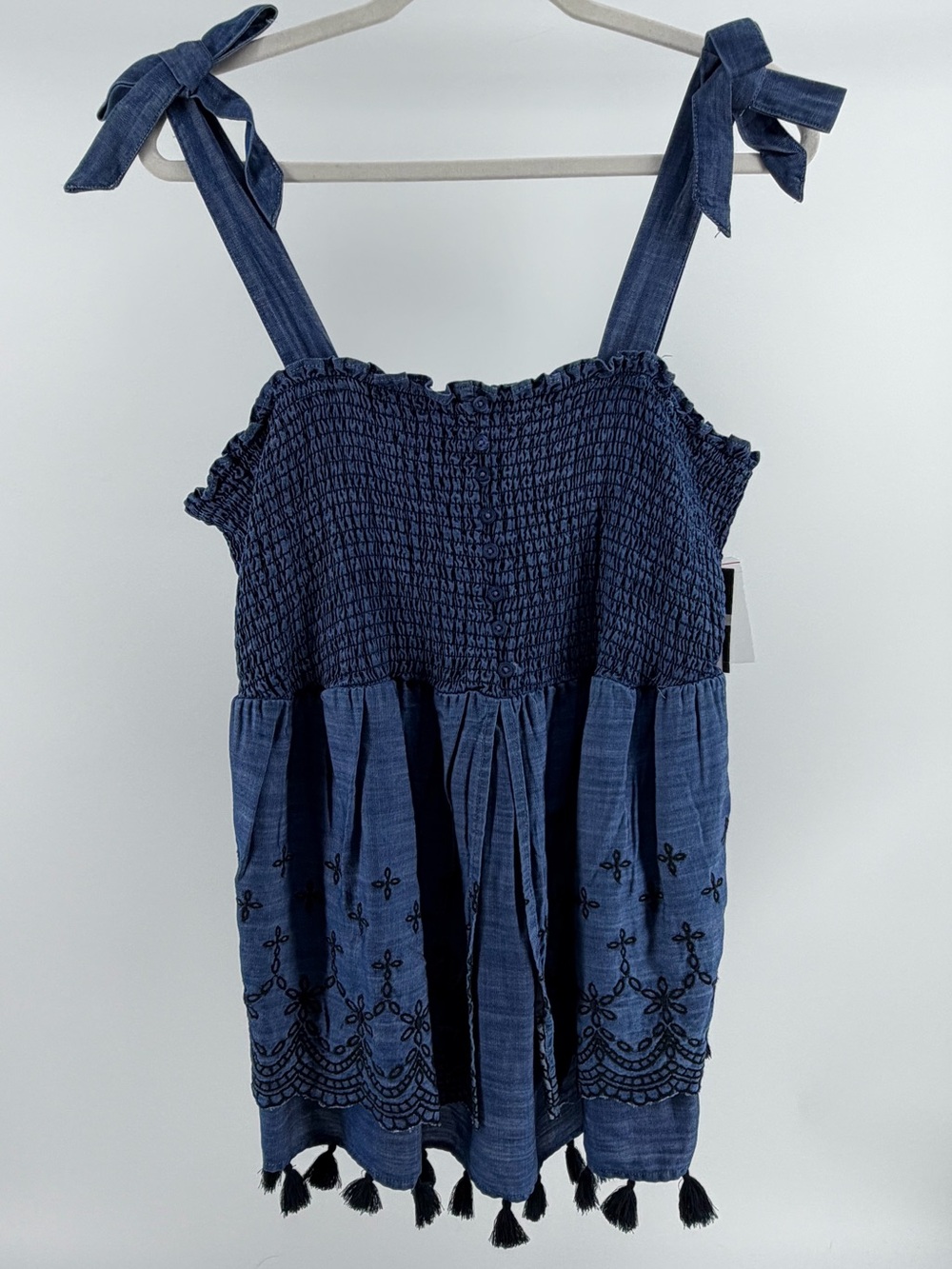 NWT Crown & Ivy Chambray Embroidered Tassel Babydoll Top, Women's 1X